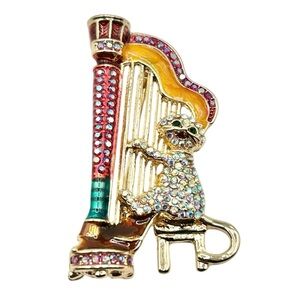 Elegant Multicolor Cat and Harp Brooch-New